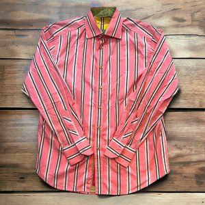 Robert Graham Pink and Green Vertical Stripe Flip Cuff Contrast Dress Shirt SZ L